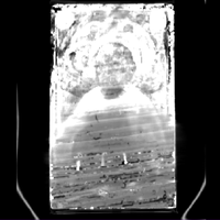 Figure 5: Coronal image 2, lower paint and original wood (horizontal grain), nails begin to show