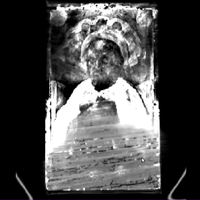 Figure 4: Coronal image 1, top slice, paint of top half of figure, with original wood (horizontal grain) in bottom half of image.